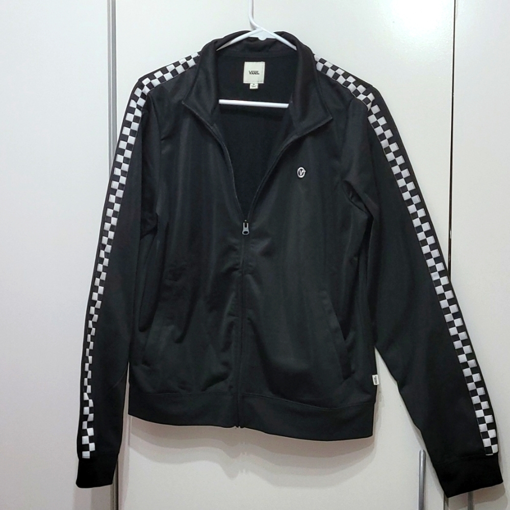 Vans Check Mark Full Zip Black Track Jacket with Checkerboard Sleeves XL
